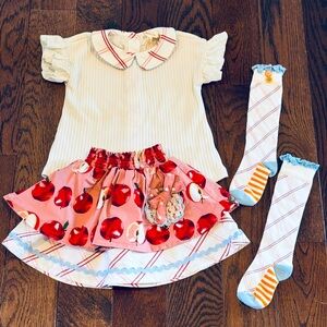 Matilda Jane White Blouse and Pink Apple Skirt Set with Socks